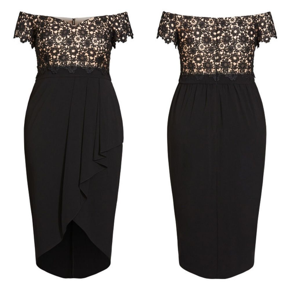 Y2K Glam Off Shoulder Lace Midi Dress City Chic Size 20 Black Curvy‎ Romantic